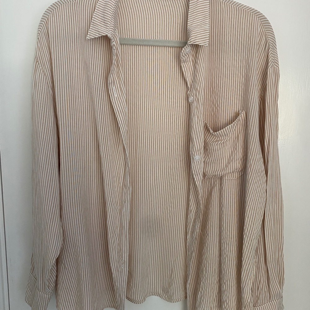 Nude and white striped collared button up blouse